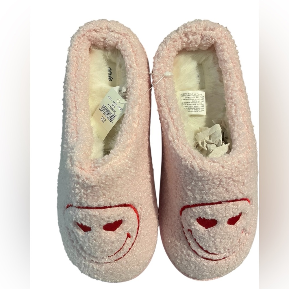 Pink Fuzzy Slippers with Red Smiley Face